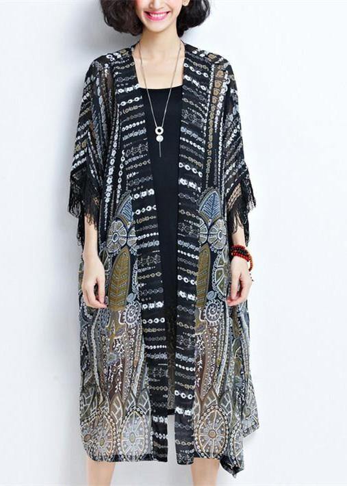 2018 fashion women black chiffon coats plus size tassel summer casual cardigans - bagstylebliss