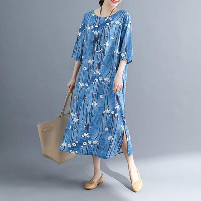 2019 floral long cotton dresses plus size Batwing Sleeve long cotton dresses Elegant o neck cotton dress - bagstylebliss