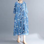 2019 floral long cotton dresses plus size Batwing Sleeve long cotton dresses Elegant o neck cotton dress - bagstylebliss