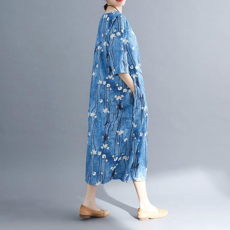 2019 floral long cotton dresses plus size Batwing Sleeve long cotton dresses Elegant o neck cotton dress - bagstylebliss