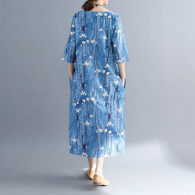 2019 floral long cotton dresses plus size Batwing Sleeve long cotton dresses Elegant o neck cotton dress - bagstylebliss