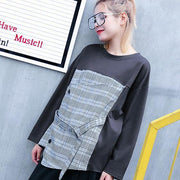 2018 gray Plaid tops trendy plus size O neck casual New patchwork asymmetric cotton tops - bagstylebliss