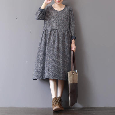 2018 gray prints natural cotton dress Loose fitting patchwork traveling clothing 2018 o neck autumn dress - bagstylebliss