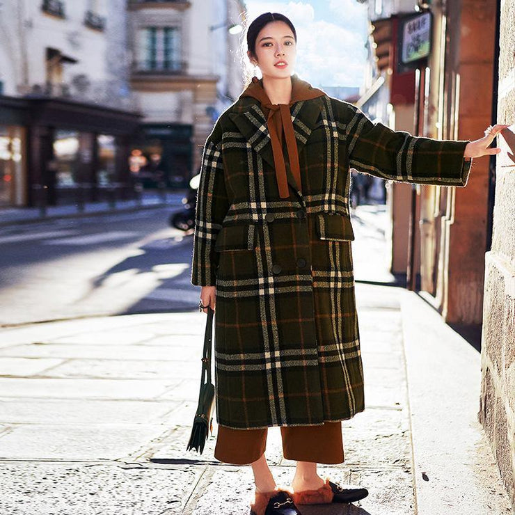 2018 green Plaid long coat plus size Notched maxi coat Fashion double breasted Winter coat - bagstylebliss