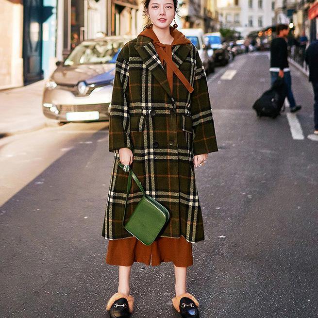 2018 green Plaid long coat plus size Notched maxi coat Fashion double breasted Winter coat - bagstylebliss