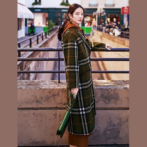 2018 green Plaid long coat plus size Notched maxi coat Fashion double breasted Winter coat - bagstylebliss