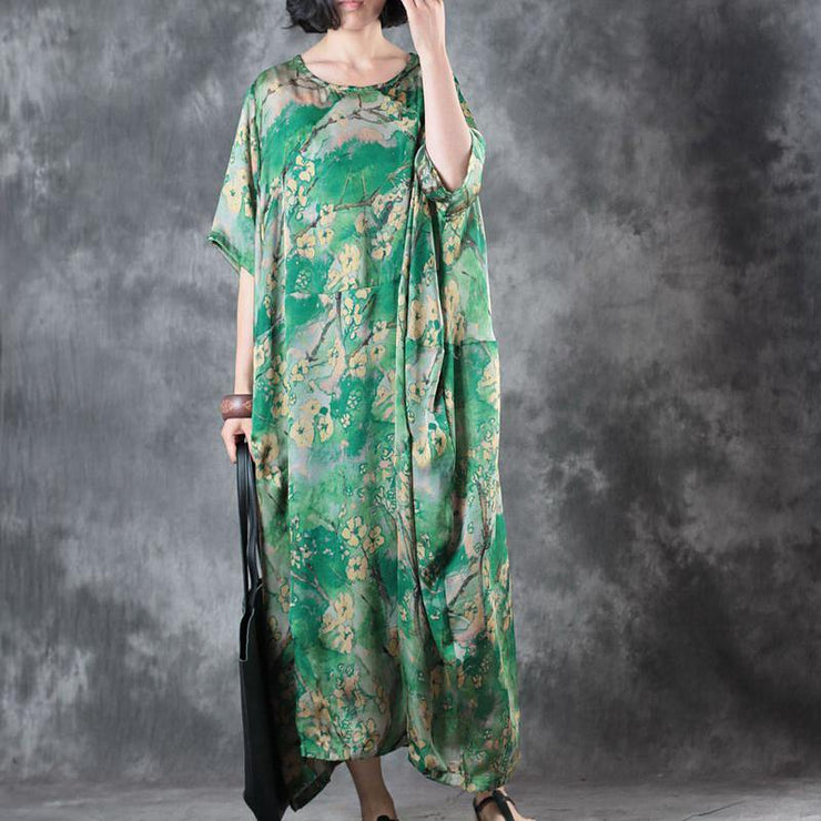 2018 green floral natural silk dress Loose fitting O neck baggy dresses traveling clothing Elegant short sleeve silk long dresses - bagstylebliss