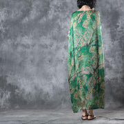 2018 green floral natural silk dress Loose fitting O neck baggy dresses traveling clothing Elegant short sleeve silk long dresses - bagstylebliss