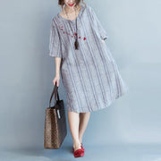 2018 light gray Plaid cotton linen dresses casual half sleeve pockets women o neck embroidery cotton linen clothing dresses - bagstylebliss