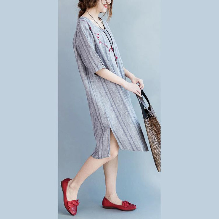 2018 light gray Plaid cotton linen dresses casual half sleeve pockets women o neck embroidery cotton linen clothing dresses - bagstylebliss