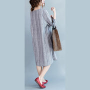 2018 light gray Plaid cotton linen dresses casual half sleeve pockets women o neck embroidery cotton linen clothing dresses - bagstylebliss