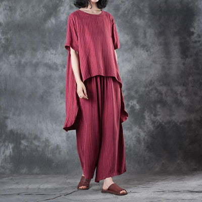 2018 new casual red low high design silk tops and women wide leg pants two pieces - bagstylebliss