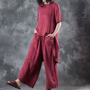 2018 new casual red low high design silk tops and women wide leg pants two pieces - bagstylebliss