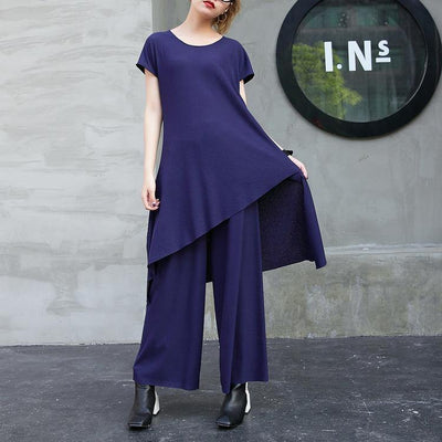 2018 new fashion cotton two pieces casual asymmetric hem tops and elastic waist wide leg pants - bagstylebliss