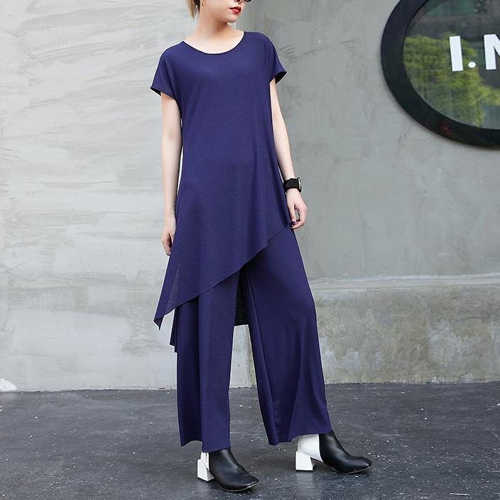 2018 new fashion cotton two pieces casual asymmetric hem tops and elastic waist wide leg pants - bagstylebliss