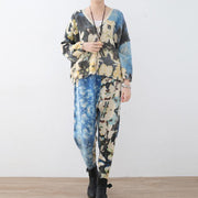 2018 new spring two pieces blue prints knit sweater and casual patchwork floral pants - bagstylebliss