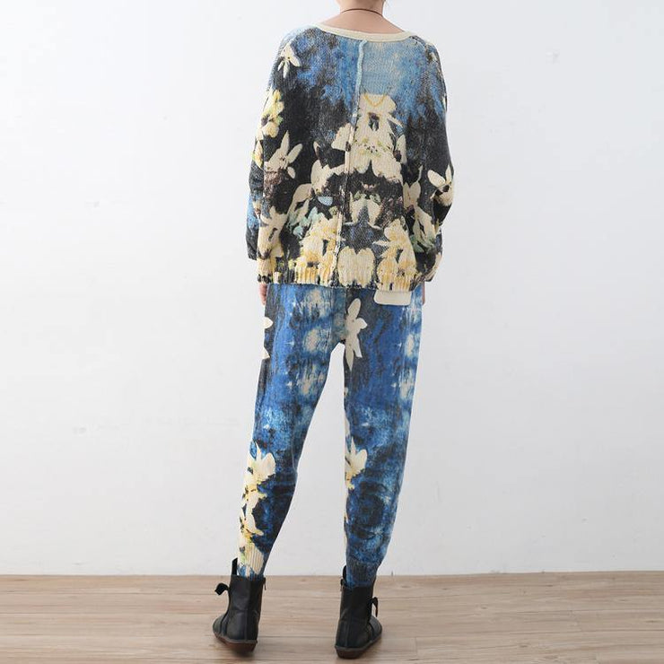 2018 new spring two pieces blue prints knit sweater and casual patchwork floral pants - bagstylebliss