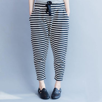 2018 new striped women casual cotton crop pants plus size cotton elastic waist drawstring harem pants - bagstylebliss