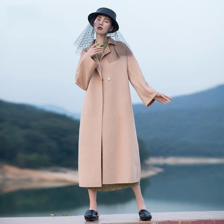 2018 nude pink wool coat plus size tie waist Winter coat lapel collar jacket - bagstylebliss