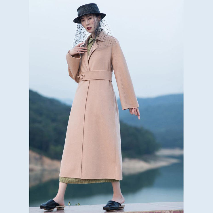 2018 nude pink wool coat plus size tie waist Winter coat lapel collar jacket - bagstylebliss