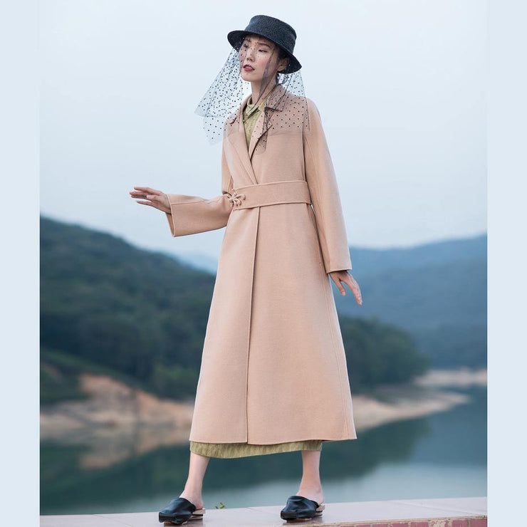 2018 nude pink wool coat plus size tie waist Winter coat lapel collar jacket - bagstylebliss