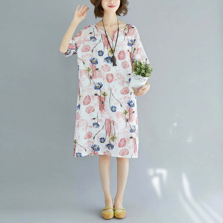 2024 pink Midi cotton dresses trendy plus size cotton dress Elegant short sleeve v neck floral cotton clothing dress