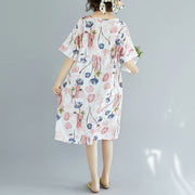 2024 pink Midi cotton dresses trendy plus size cotton dress Elegant short sleeve v neck floral cotton clothing dress