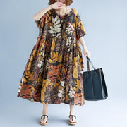 2018 print long cotton linen dresses oversized short sleeve gown vintage o neck baggy dresses linen clothing dress - bagstylebliss