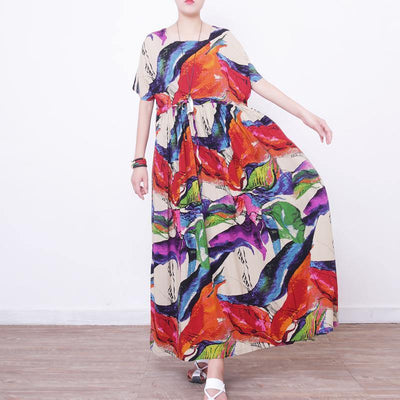 2018 prints linen maxi dress oversize o neck linen maxi dress Elegant short sleeve maxi dresses - bagstylebliss