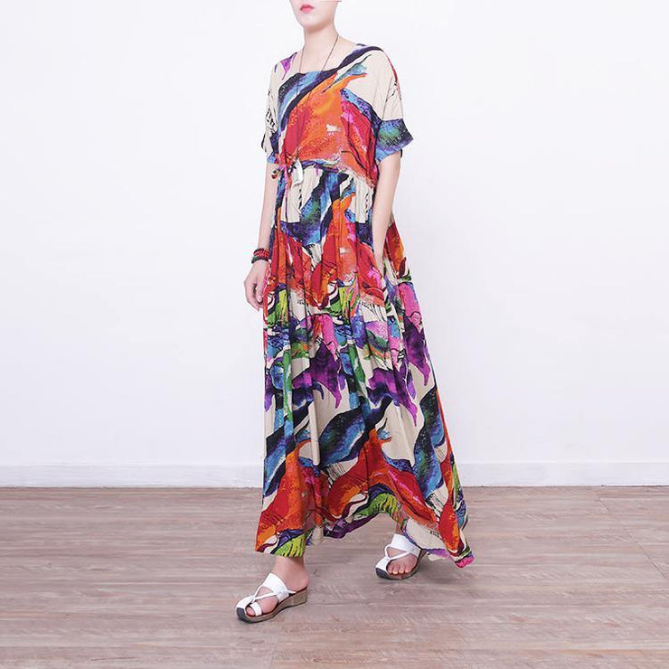 2018 prints linen maxi dress oversize o neck linen maxi dress Elegant short sleeve maxi dresses - bagstylebliss