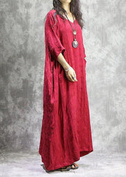 2018 red autumn linen dress Loose fitting v neck baggy Elegant pockets Jacquard dresses - bagstylebliss