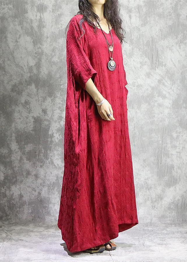 2018 red autumn linen dress Loose fitting v neck baggy Elegant pockets Jacquard dresses - bagstylebliss