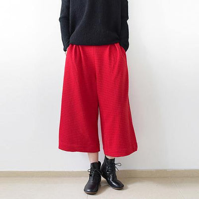 2018 red casual cotton women pants loose elastic waist wide leg pants - bagstylebliss