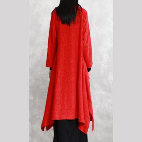 2018 red coats oversize Stand Jacquard maxi coat Fashion long sleeve pockets long coat - bagstylebliss