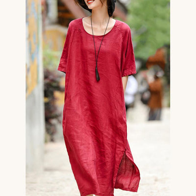 2018 red embroider fabric long linen dress plus size o neck side open traveling dress vintage half sleeve baggy dresses - bagstylebliss