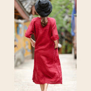 2018 red embroider fabric long linen dress plus size o neck side open traveling dress vintage half sleeve baggy dresses - bagstylebliss