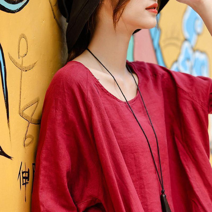 2018 red embroider fabric long linen dress plus size o neck side open traveling dress vintage half sleeve baggy dresses - bagstylebliss