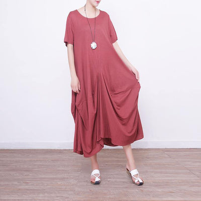 2018 red linen dress oversize short sleeve traveling dress vintage asymmetric maxi dresses - bagstylebliss