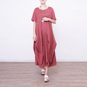 2018 red linen dress oversize short sleeve traveling dress vintage asymmetric maxi dresses - bagstylebliss