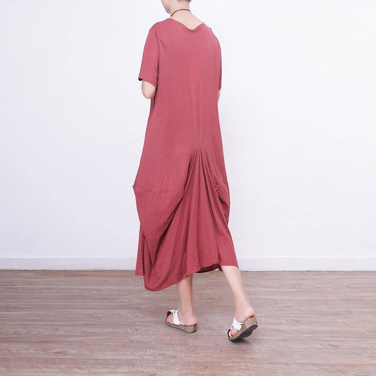 2018 red linen dress oversize short sleeve traveling dress vintage asymmetric maxi dresses - bagstylebliss