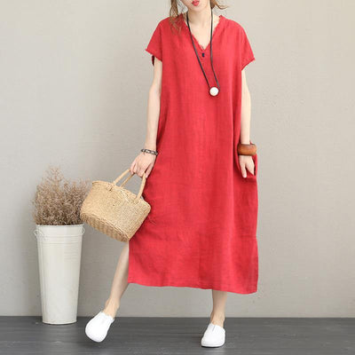 2018 red natural cotton dress casual v neck traveling dress Elegant side open maxi dresses - bagstylebliss