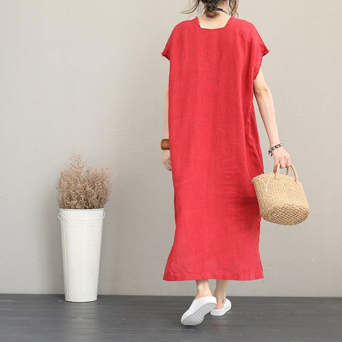 2018 red natural cotton dress casual v neck traveling dress Elegant side open maxi dresses - bagstylebliss