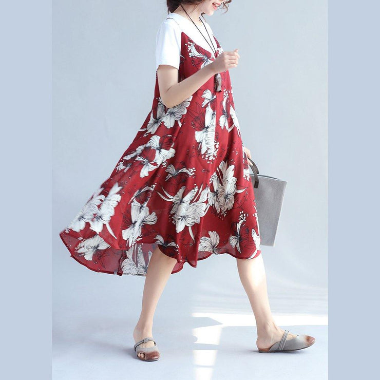 2018 red prints chiffon sleeveless dresses oversize with cotton t shirt two pieces - bagstylebliss