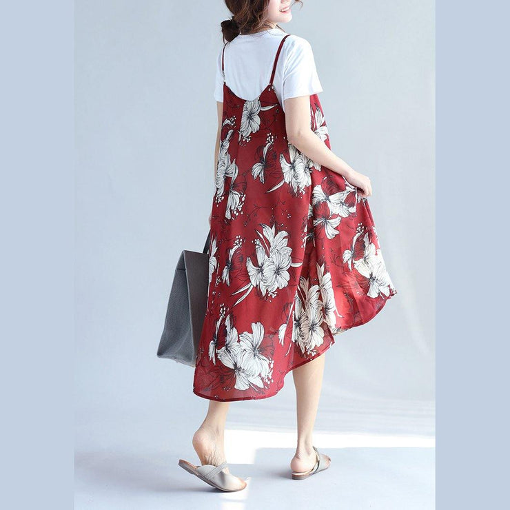 2018 red prints chiffon sleeveless dresses oversize with cotton t shirt two pieces - bagstylebliss