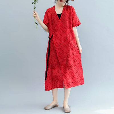 2018 red striped long cotton linen dress oversized v neck tie waist cotton linen clothing dresses boutique short sleeve kaftan - bagstylebliss