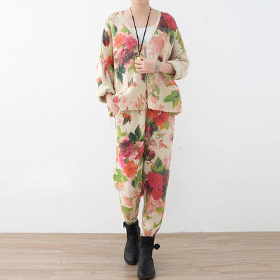2018 spring new roses prints cute sweater and knit harem pants casual two pieces - bagstylebliss