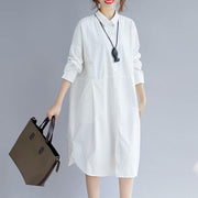 2018 white cotton shirt dress plus size traveling clothing casual long sleeve pockets side open Turn-down Collar cotton shirt dress - bagstylebliss