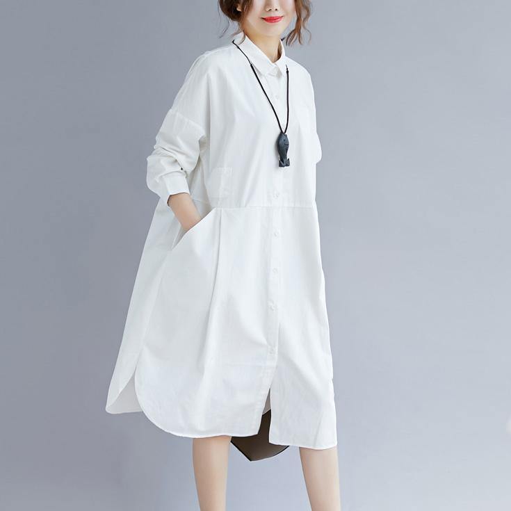 2018 white cotton shirt dress plus size traveling clothing casual long sleeve pockets side open Turn-down Collar cotton shirt dress - bagstylebliss