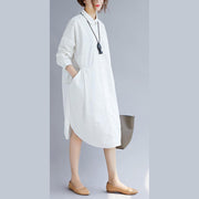 2018 white cotton shirt dress plus size traveling clothing casual long sleeve pockets side open Turn-down Collar cotton shirt dress - bagstylebliss