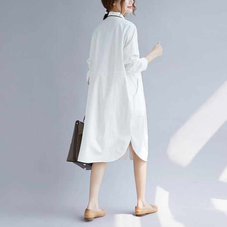 2018 white cotton shirt dress plus size traveling clothing casual long sleeve pockets side open Turn-down Collar cotton shirt dress - bagstylebliss